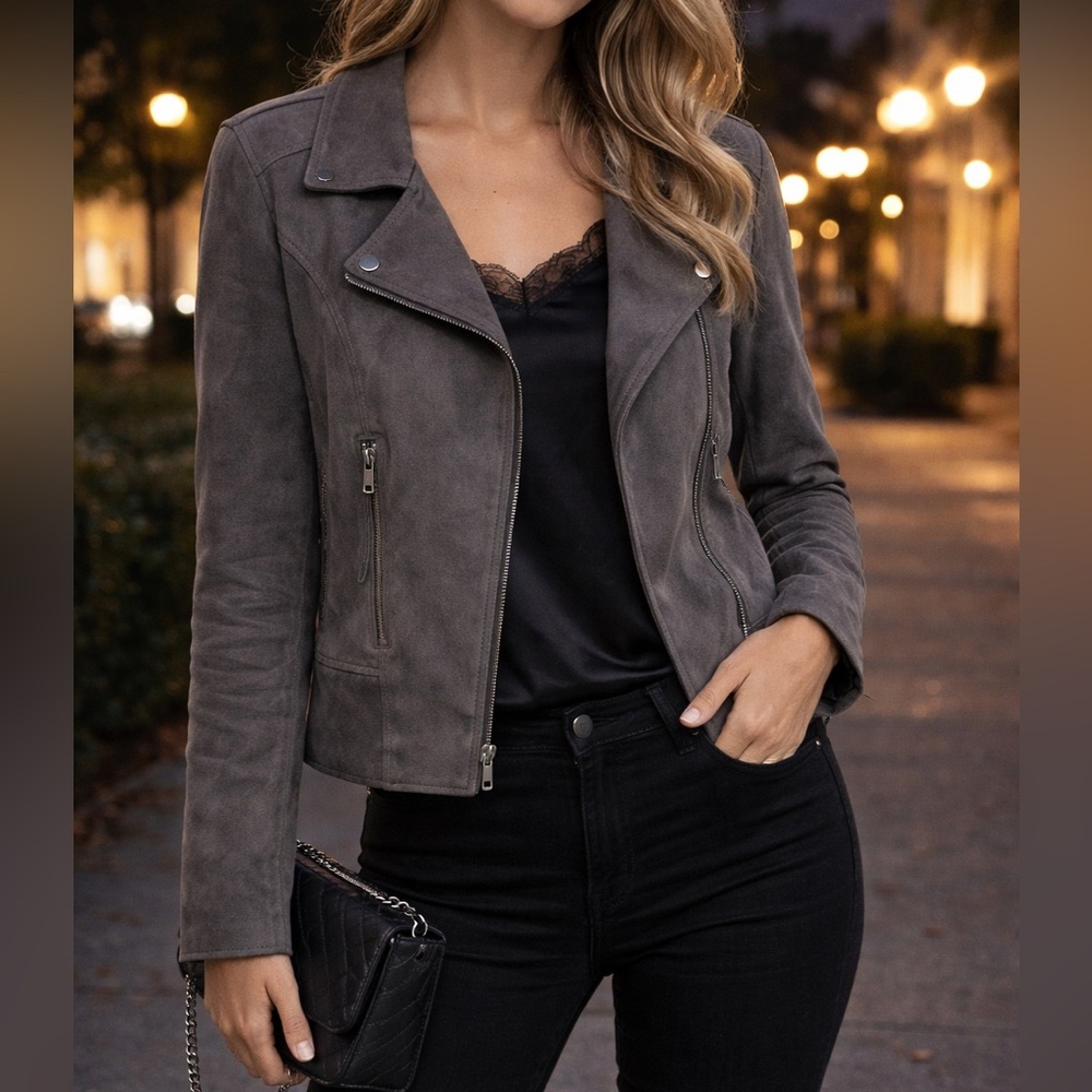 NWT Marrakech “Monica” Moto Jacket Vegan Leather Faux Suede Full Zip | Gray | L